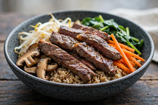 Beef bibimbap bowls with brown rice