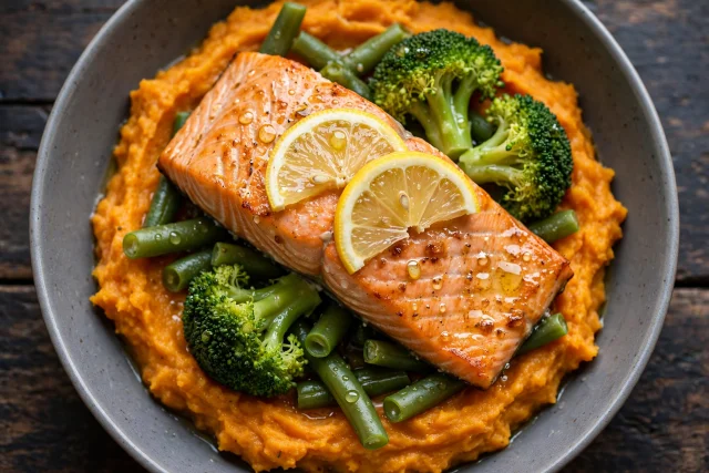 Baked salmon with sweet potato mash