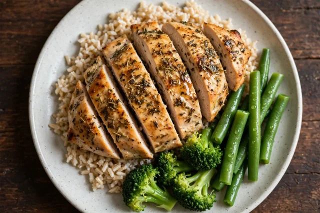 Baked chicken with brown rice and greens