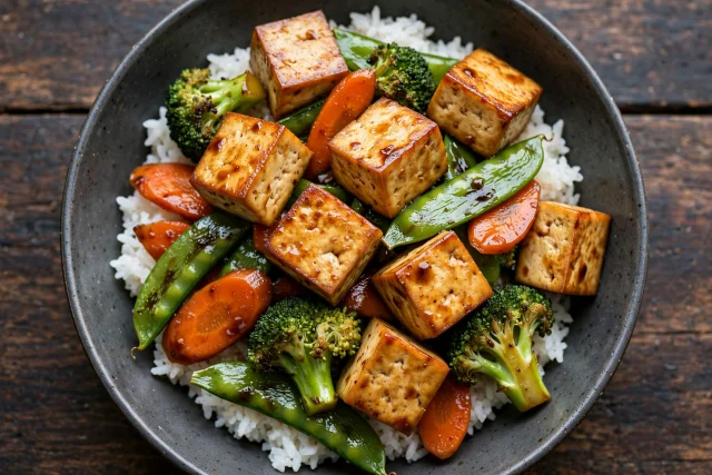 Tofu vegetable stir fry with rice