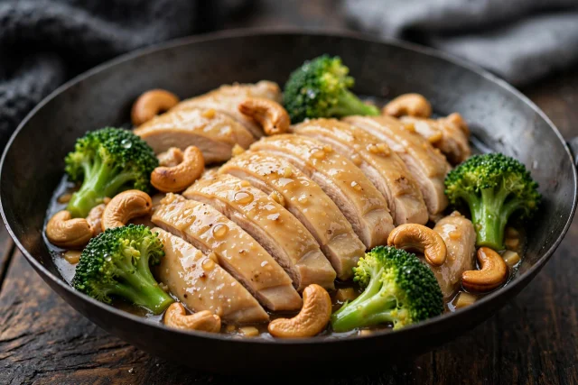 Velvet chicken with broccoli and cashews