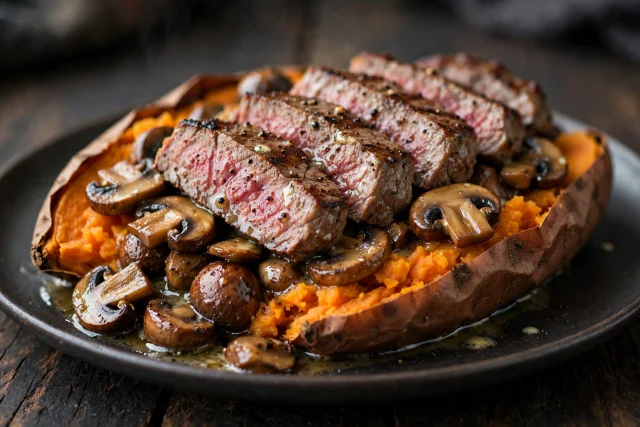 Sirloin steak with mushrooms and sweet potato