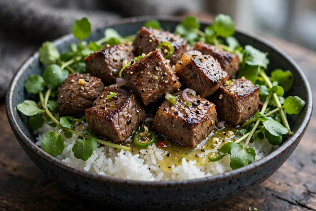Shaking beef with watercress and rice