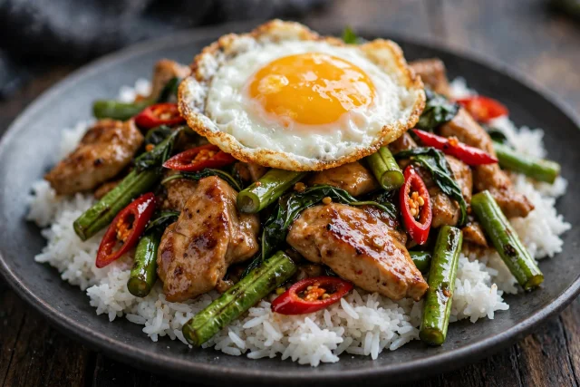 Thai basil chicken with rice and fried egg