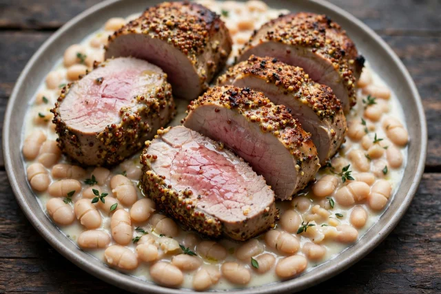 Mustard pork tenderloin with white beans