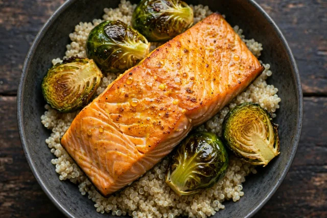 Turmeric salmon with Brussels and quinoa