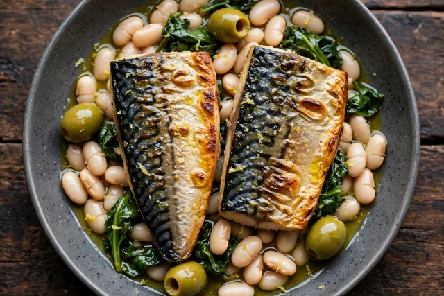 Mackerel with white beans and greens