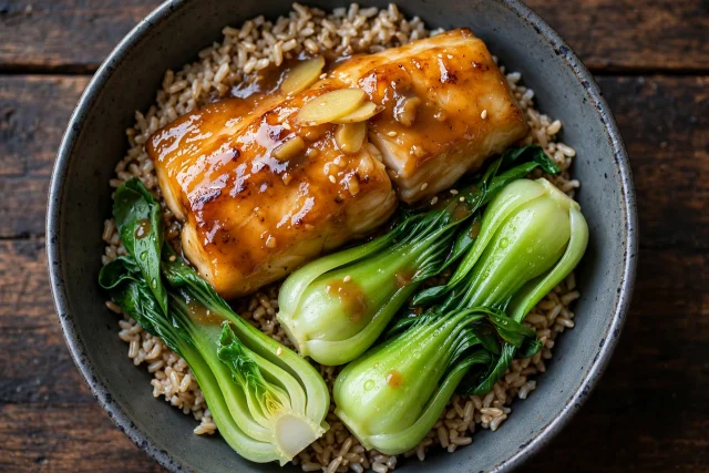 Miso cod with bok choy and rice