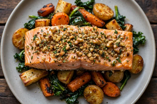 Herb crusted salmon with roots