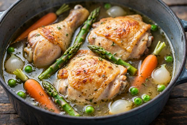 Chicken with spring vegetables in herb broth
