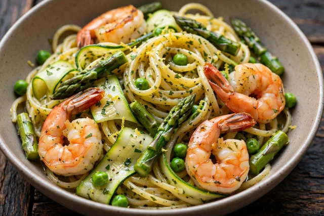 Shrimp pasta primavera with lemon