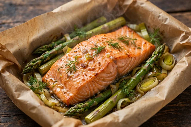 Salmon en papillote with spring vegetables