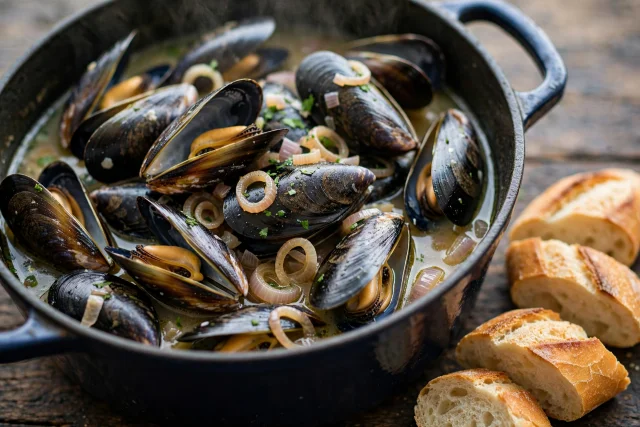 Mussels mariniere with bread