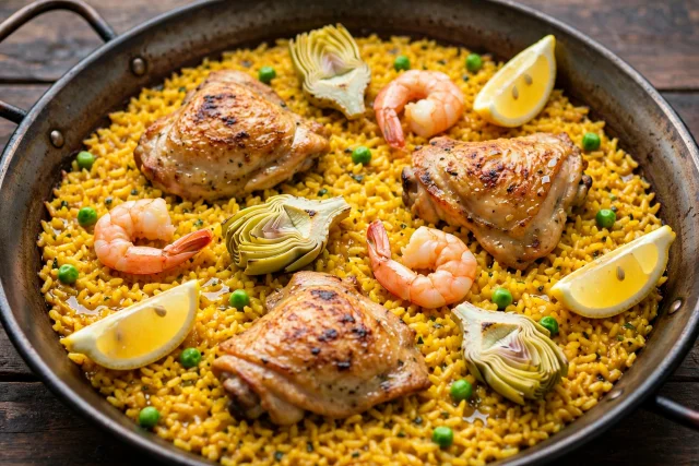 Garden paella with chicken and shrimp