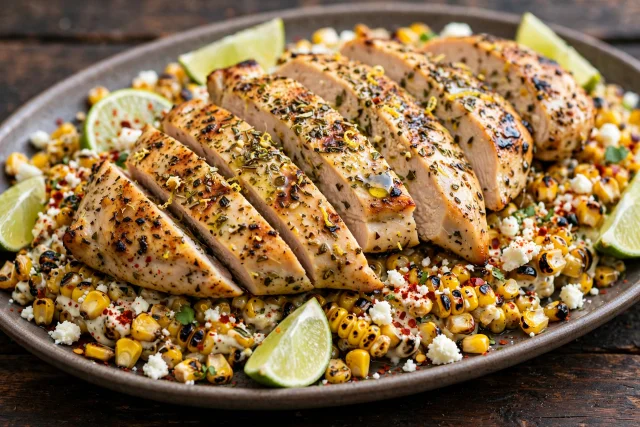 Citrus grilled chicken with elote corn