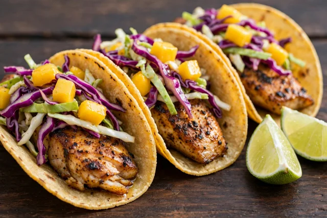 Jerk fish tacos with mango slaw