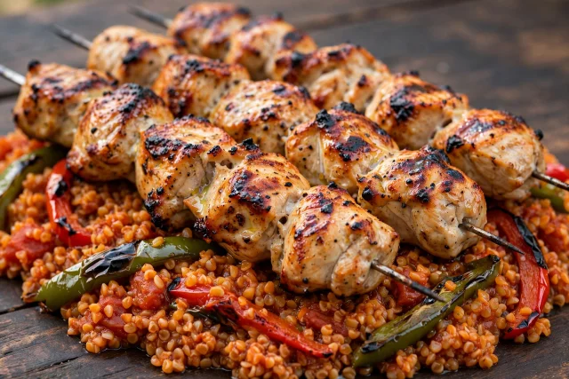 Chicken shish skewers with tomato bulgur