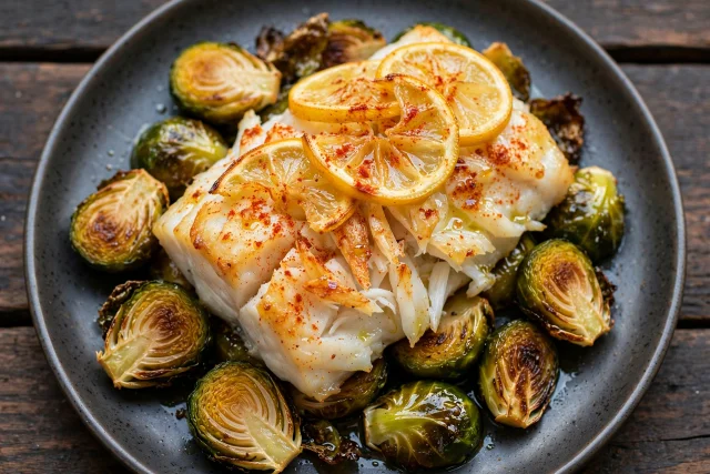 Baked cod with Brussels sprouts